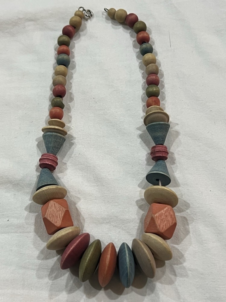Boho Chic Blue Pink Wood Bead Necklace Bold Funky Chunky VTG