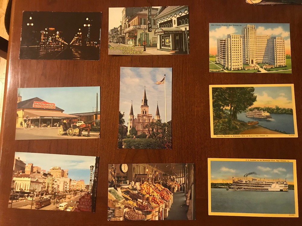 9 VTG New Orleans LA Postcards-Bourbon St-Cafe du Monde-New Charity Hospital etc