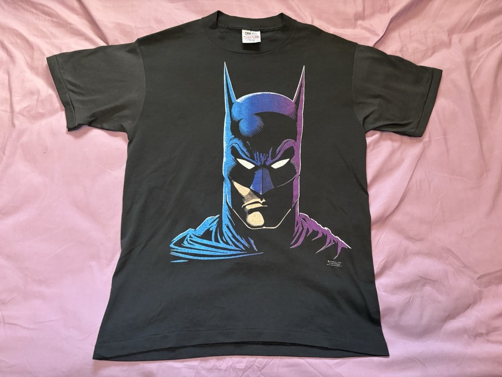 Vintage Batman Shirt Mens Large Black 1989 DC Comics Big Face Comic Book  Oneita