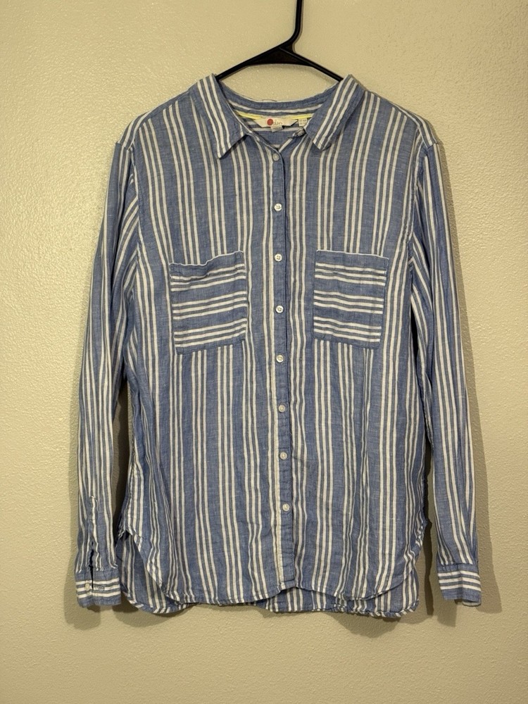 Boden Women's Blue & White Striped Linen Button Up Long Sleeve Shirt Size 16R