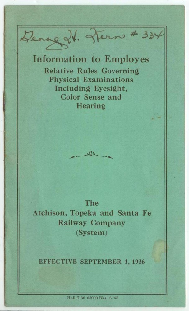 1936 Atchison Topeka and Santa Fe Railway Company Employees Physical Exams bklt