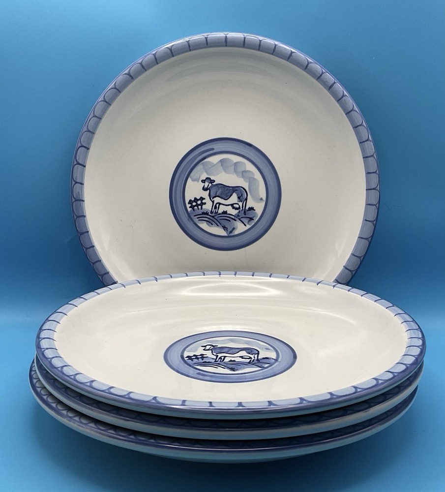 Set of 4-FOLKCRAFT STONEWARE “Blue Pastures”, 7-3/4” Cow Salad Plate, Blue, E