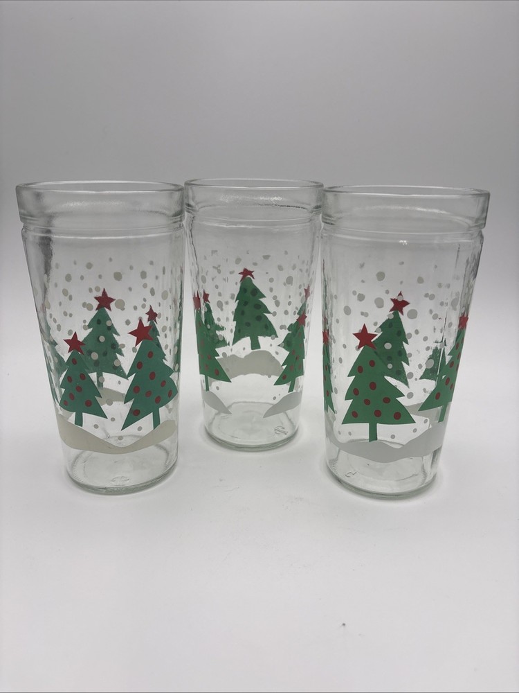Set Of 3 VTG Anchor Hocking Jelly Jar Christmas Trees 6” Drinking Glass Tumbler