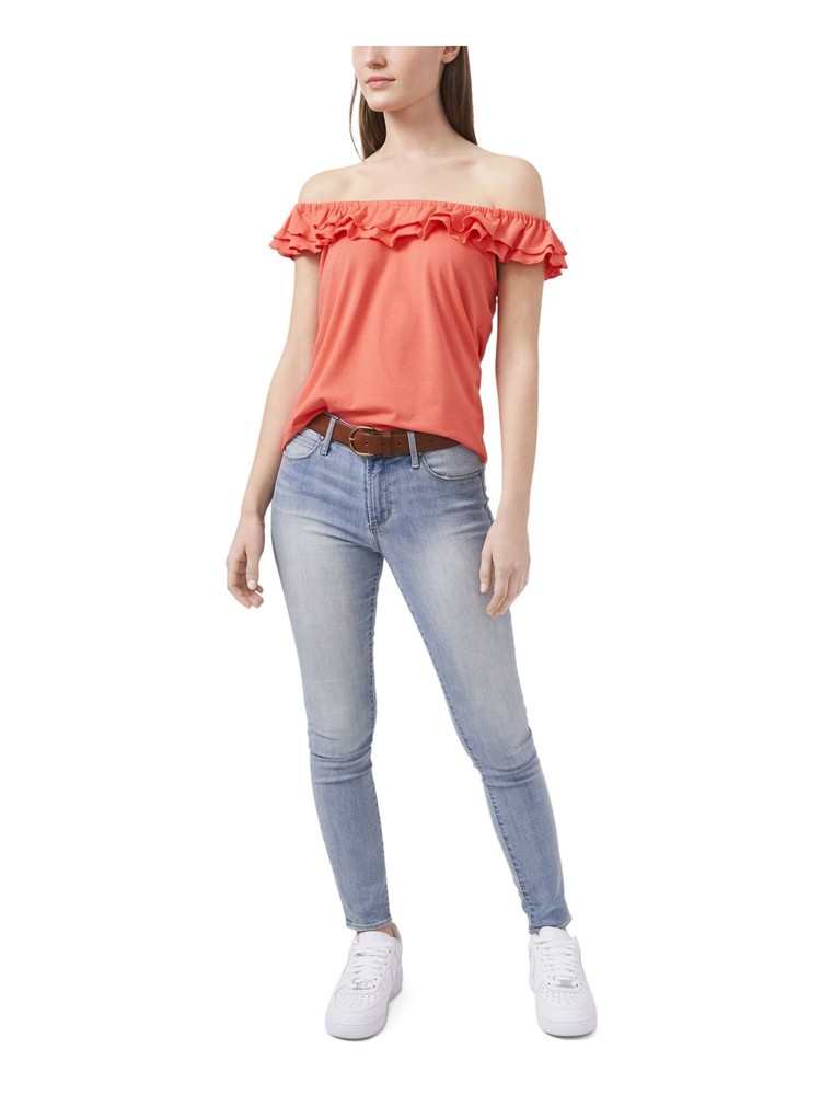 RILEY&RAE Womens Coral Stretch Off Shoulder Casual Top S