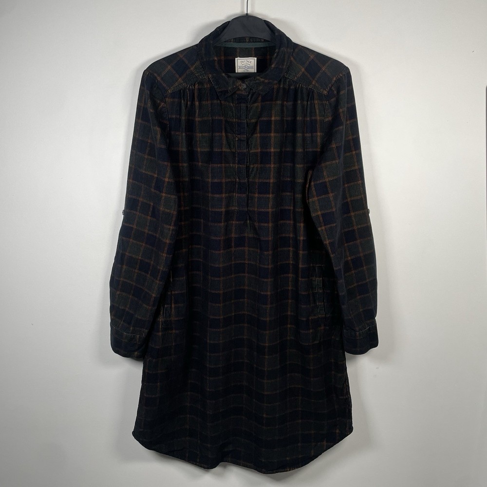 Fat Face Harper Check Needle Cord Long Sleeve Shirt Dress Womens Size UK 12L