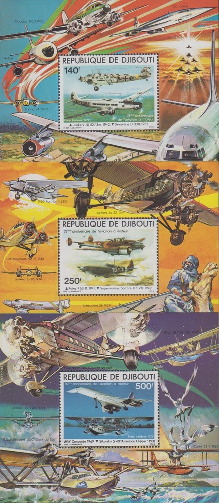Djibouti MNH Sc 124-26   S/S Mi Bk 6-8 Value  25 Euro  Airplanes