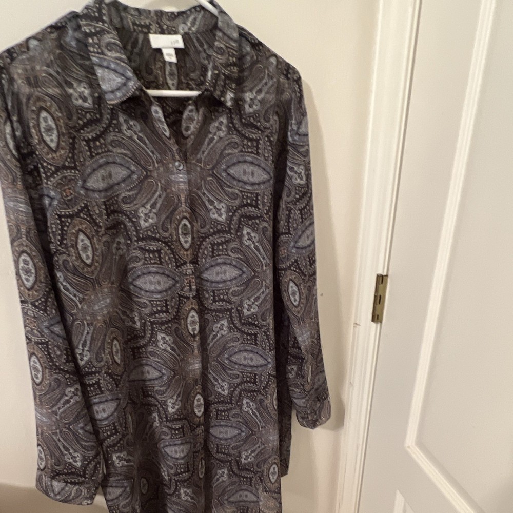 J. Jill Gray Black Paisley Button-Up Collared Long Sleeve Blouse Size M