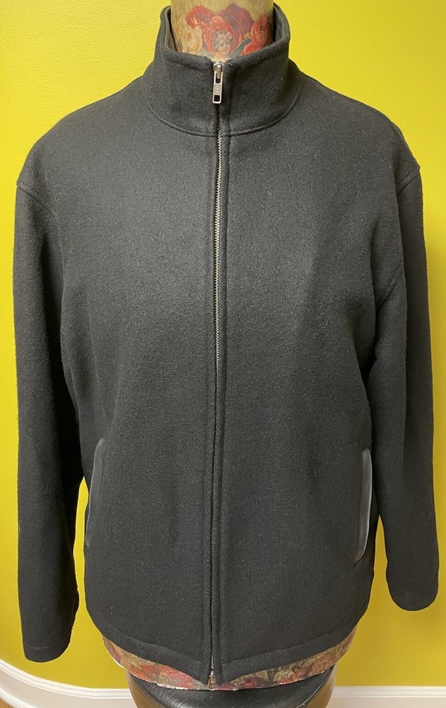 Vintage Homer Reed Black Wool Bomber Jacket Leather Detail Large Made In USA EUC
