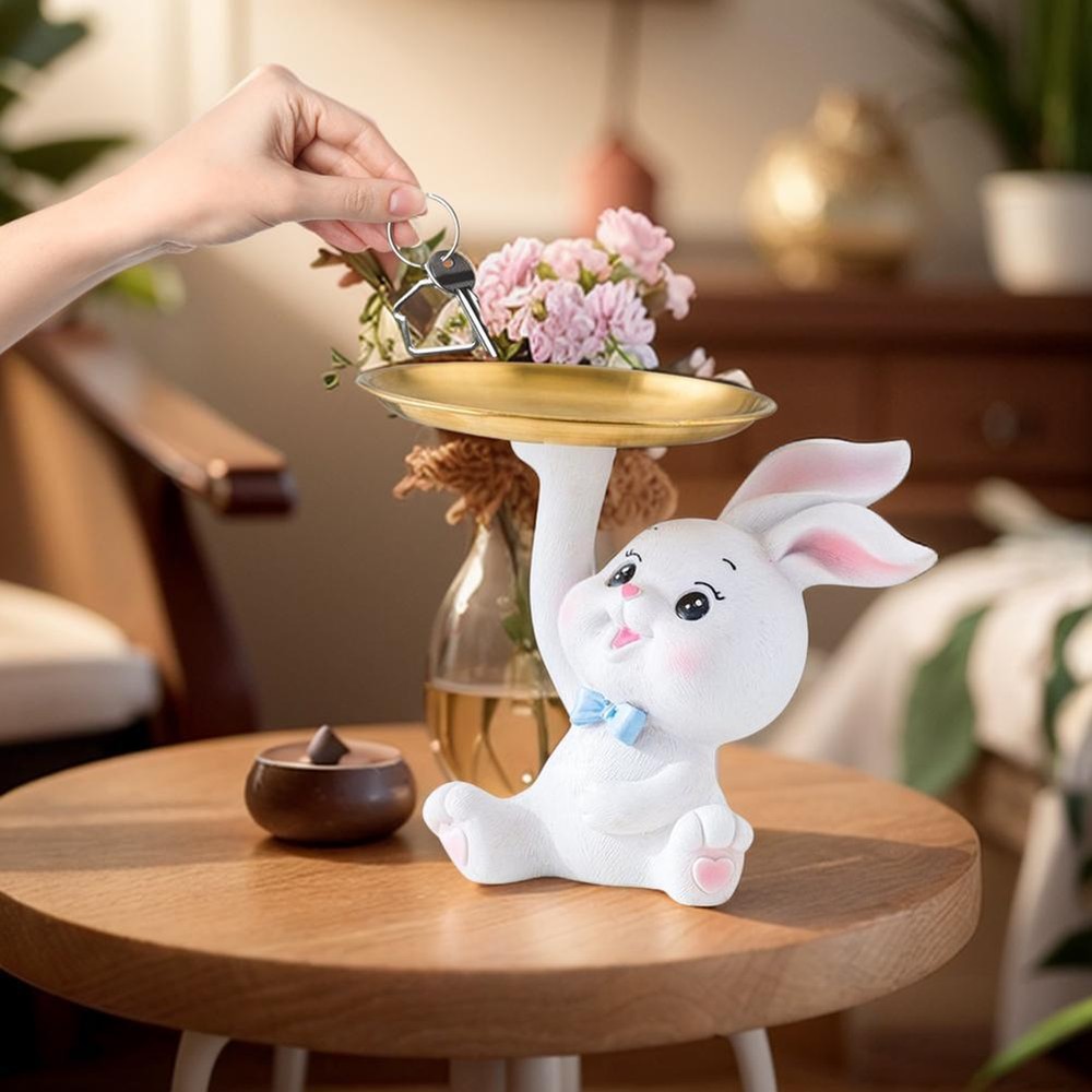 Small Modern White Resin Cat Figurine with Tray Carved Free Stand Decor