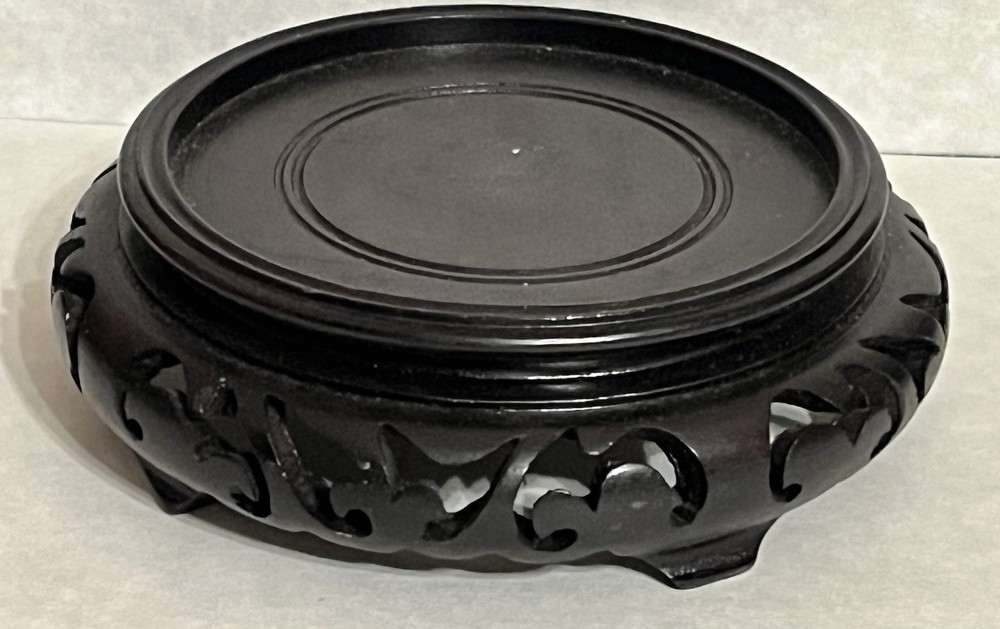 Vtg Chinese Asian Black Base 3.5” Inset Carved Wood Display Pedestal Stand EC