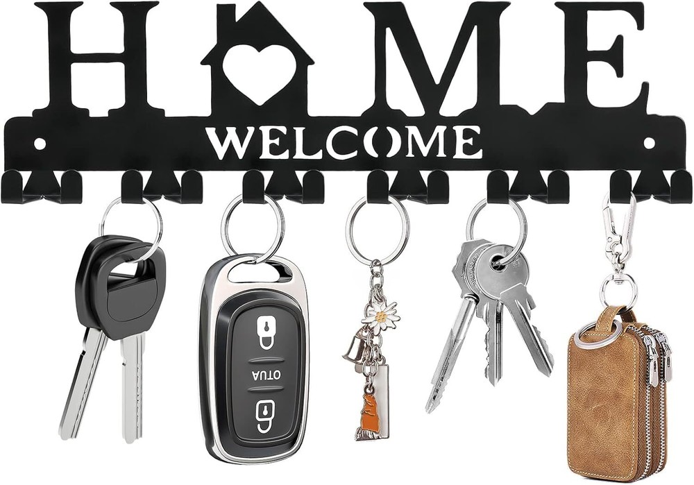 Key Holder Wall Mount, Black Metal Hanger Adhesive Rack