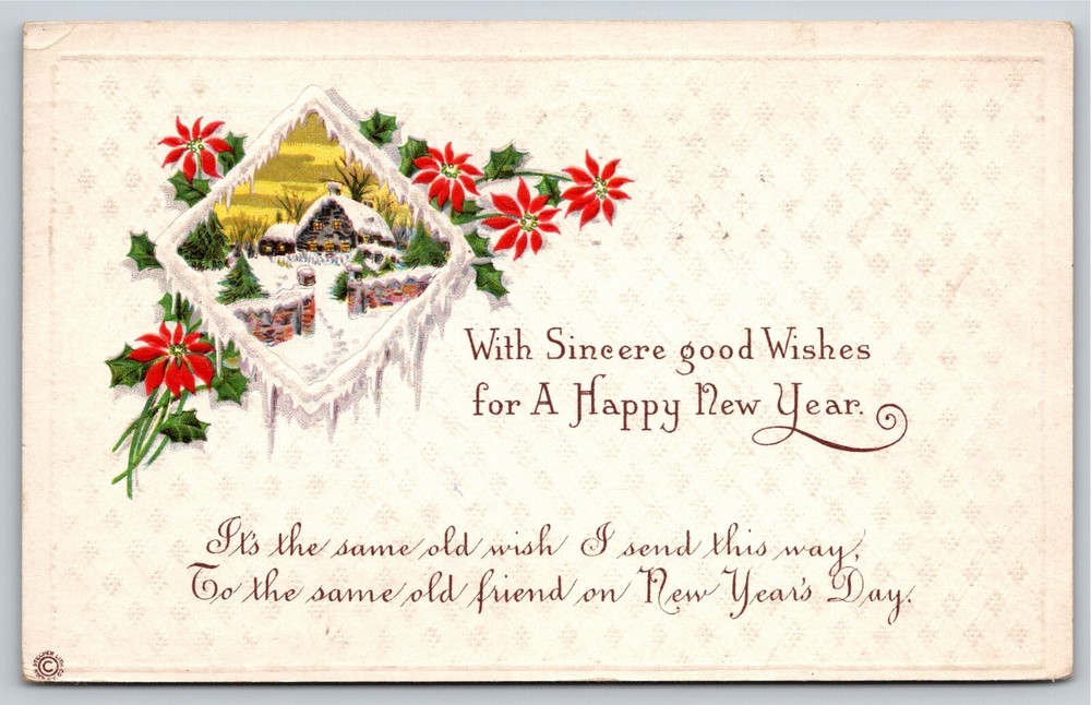A Happy New Year & Merry Christmas~Winter House Scene W/ Holly~Emb~Vtg Postcard