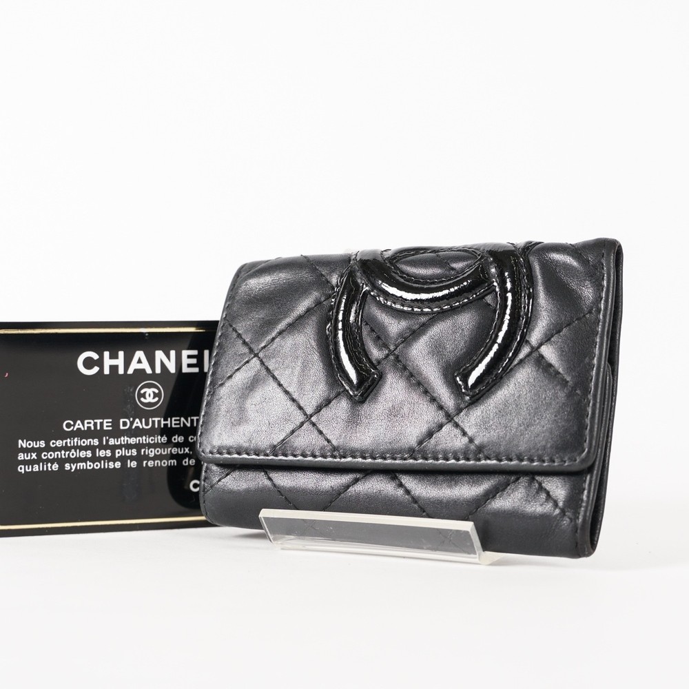 CHANEL Cambon Line Bifold Wallet CC Coco Mark Leather Black 12E011155016