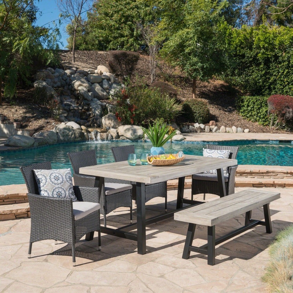 Linda Outdoor 6 Piece Wicker Dining Set with Acacia Wood Table and Bench