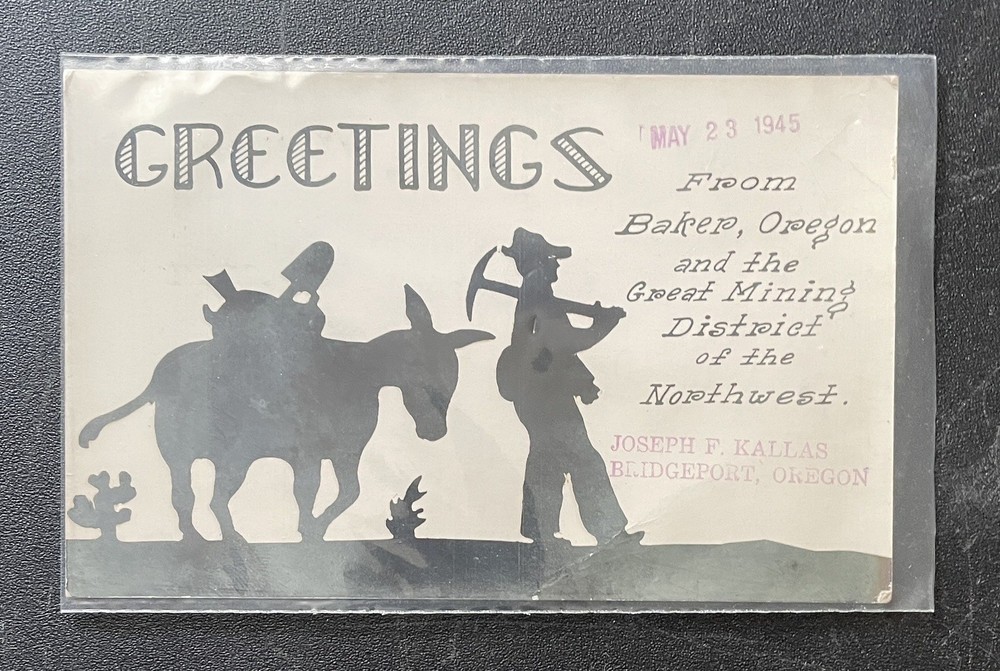 BAKER Oregon Greetings Postcard Gold Miner Donkey Message Seeking Penpal