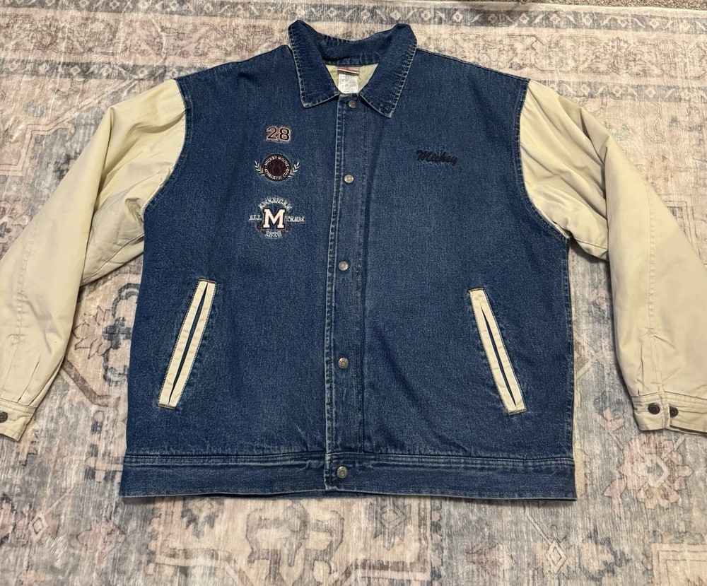 Vintage 90’s Disney Store Embroidered Mickey Denim Bomber Varsity Jacket Sz L