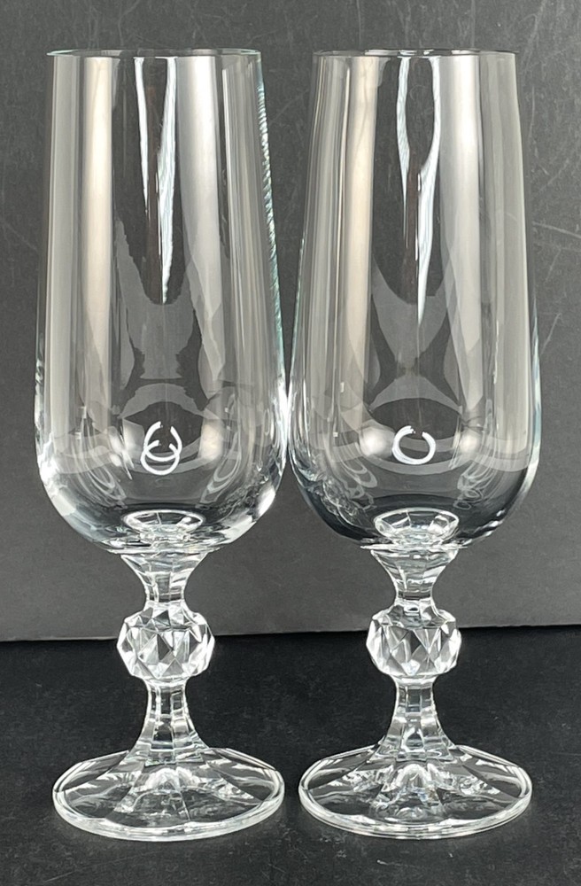 2-VTG Bohemia Crystal Claudia Champagne Flutes Faceted Disco Ball Stem Glasses