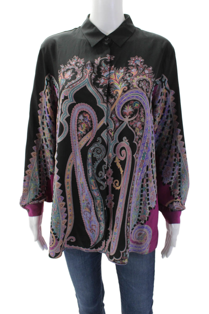 Etro Womens Black Silk Geometric Print Button Down Shirt Size 48