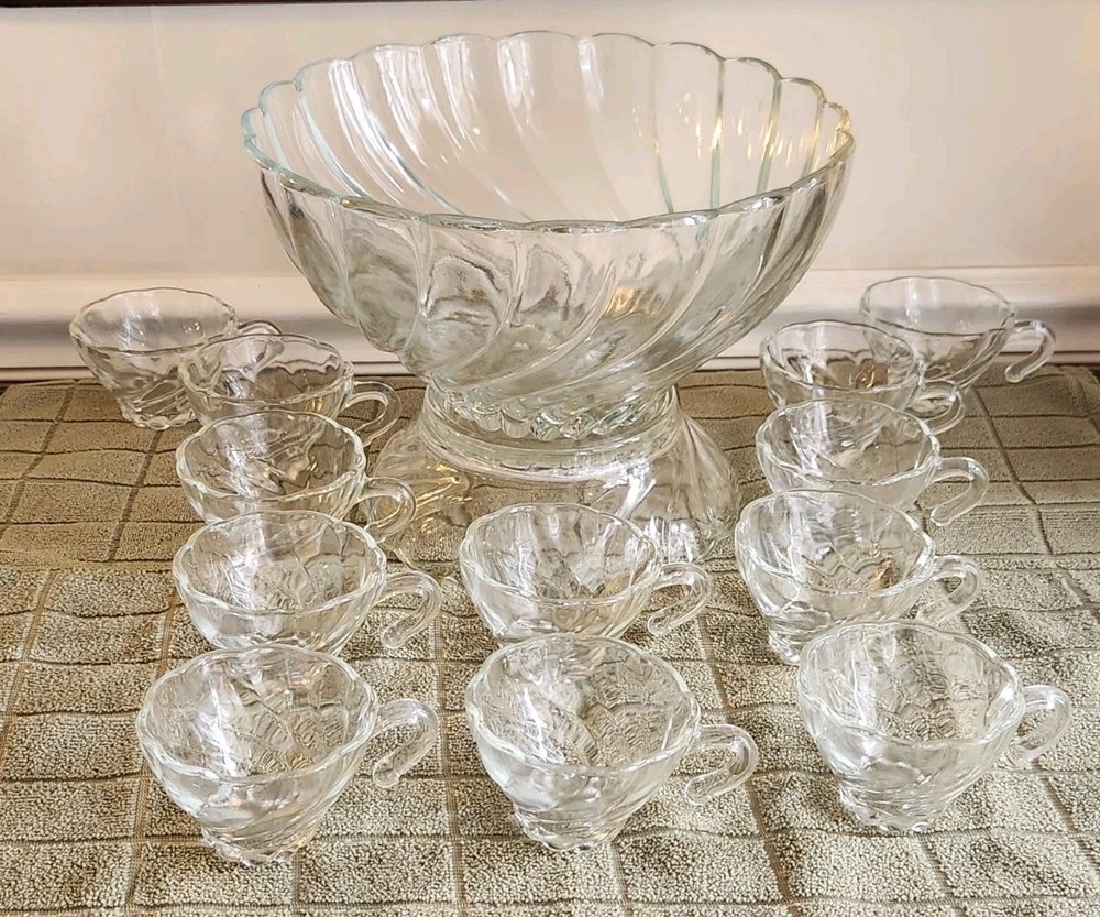 Vintage Hazel Atlas Colonial Swirl Punch Bowl Set with 12 Cups & Stand