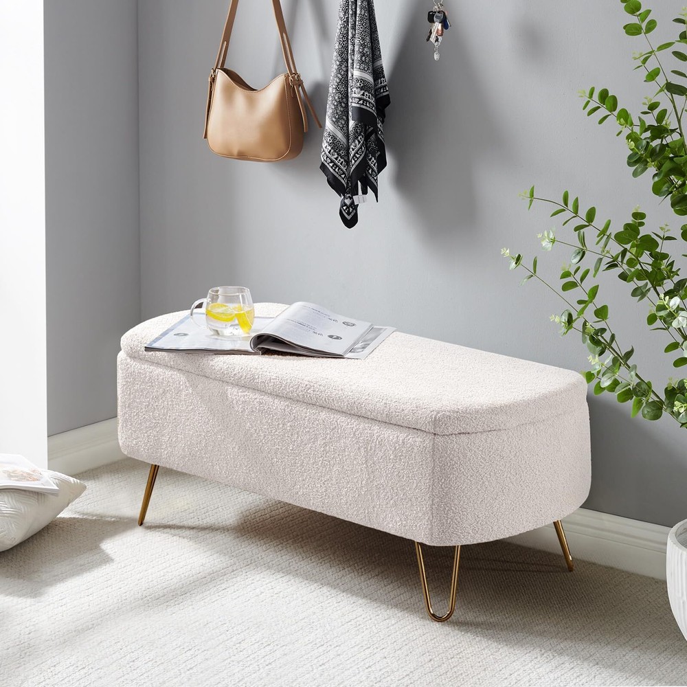 Storage Ottoman Bench,Teddy Storage Chest with Metal Legs,Lift-Top Entryway B...
