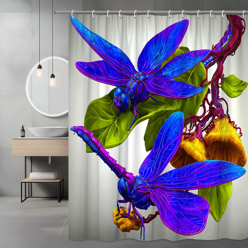 Dragonfly Shower Curtain, Neon Insect Floral Art Print