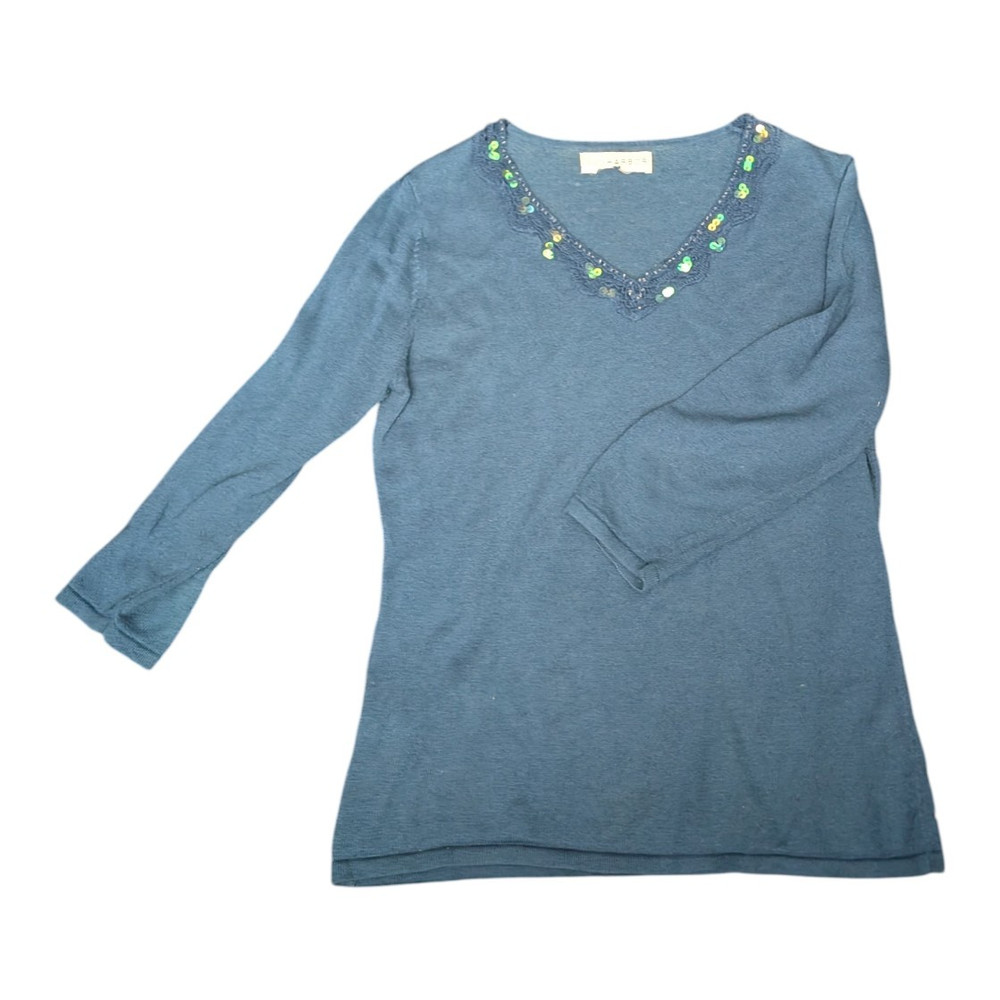 Womens Blue Knit Scoop Neck Sequined Pullover Sweater Long Sleeve Size M