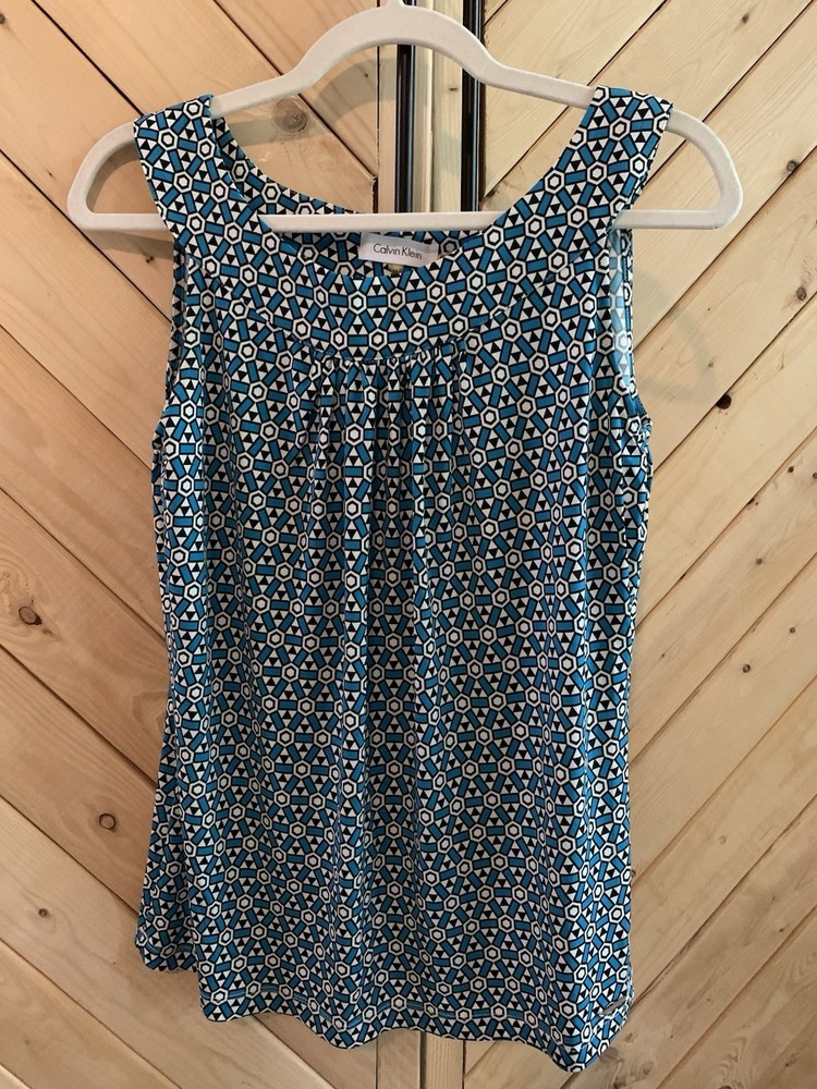 Calvin Klein M Women's Blue White & Black Geometric Sleeveless Blouse