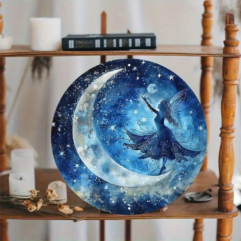 8x8 Inch Round Moon Fairy Flying Night Sky Stars Aluminum Wall Art