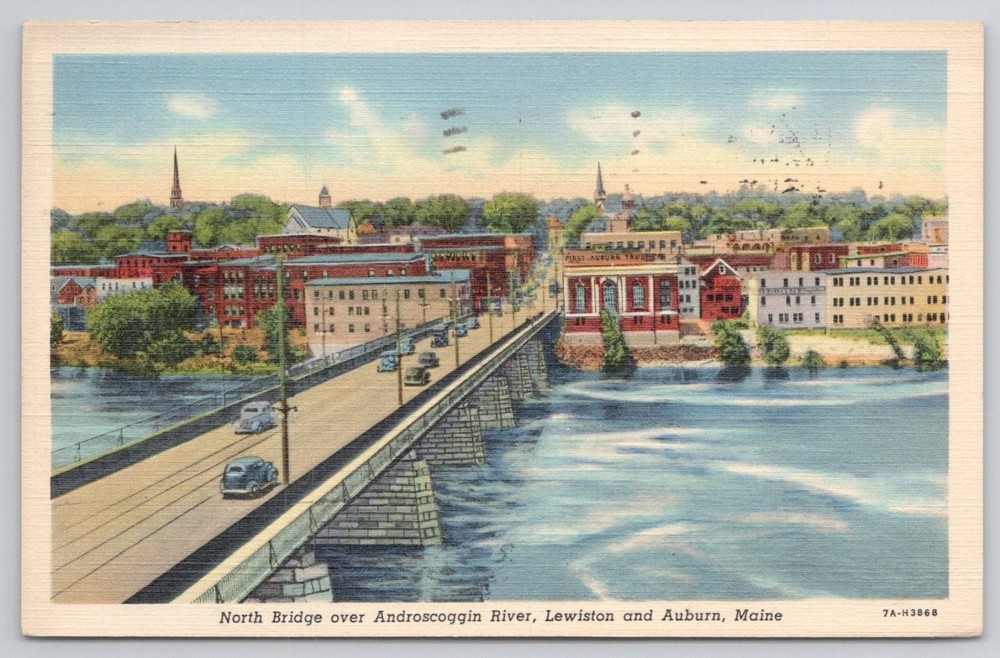 North Bridge Androscoggin River Lewiston Auburn Maine Postcard 1942 Curteich