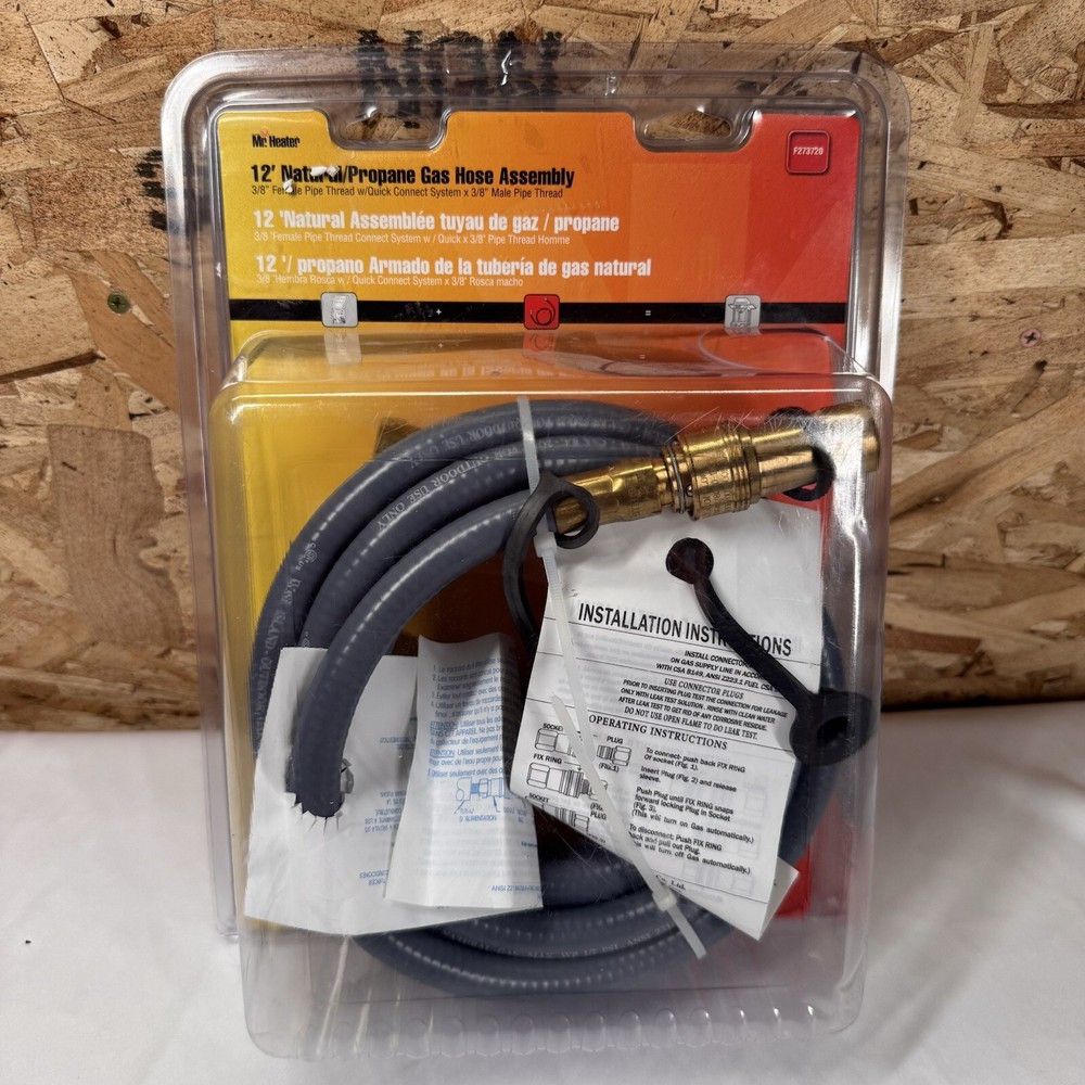 12' Natural/Propane Gas Hose Assembly F273720, 3/8' Female x 3/8