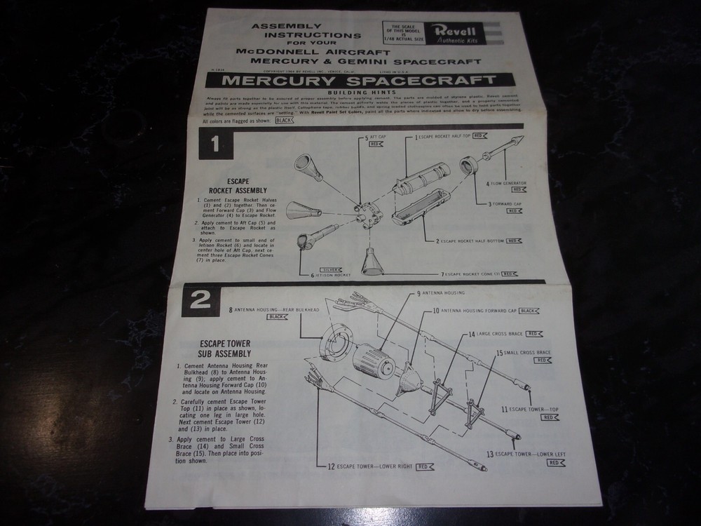 VINTAGE ORIGINAL 1964 REVELL MERCURY SPACECRAFT MODEL KIT INSTUCTION SHEET~  EX