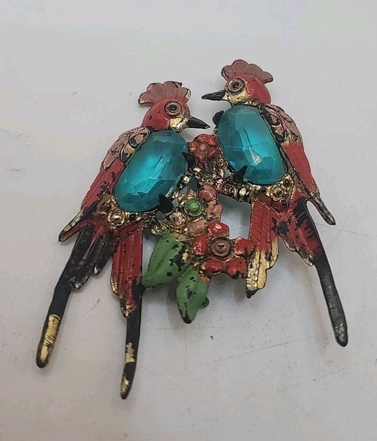 Vintage Love Birds Brooch W/Blue Crystals 2
