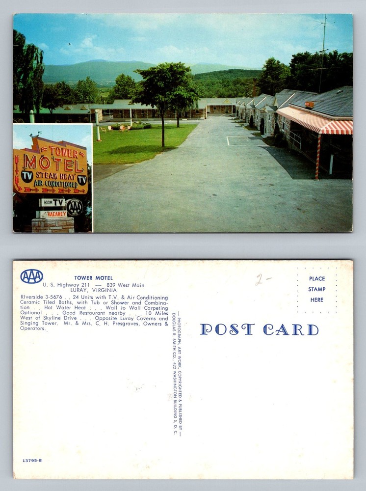 Luray, VA-Virginia, Tower Motel US Hwy 211 Skyline Drive Vintage Postcard