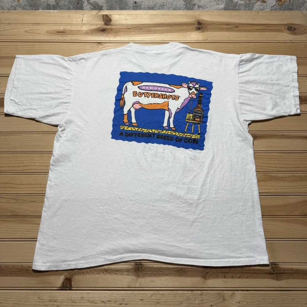 Vintage 90s DeKuyper Schnapps Cow Cartoon Drinking Promo T-Shirt - Size XL