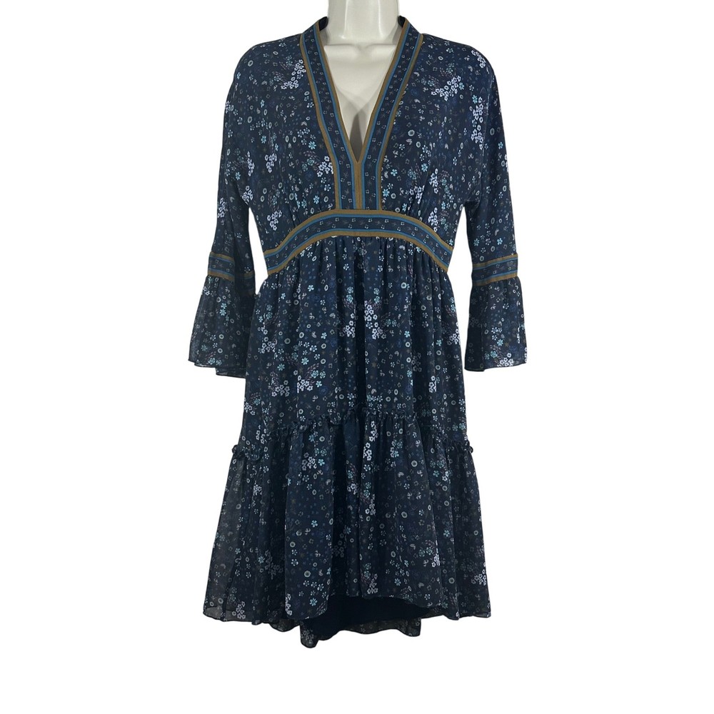 Chelsea & Violet Women's Dress Blue Floral Bell Sleeves Lined V Neck Size XS