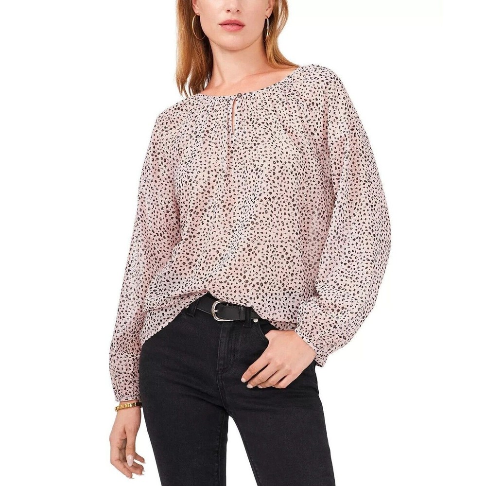 Vince Camuto Women Animal Print Semi Sheer Casual Keyhole Peasant Blouse Size S
