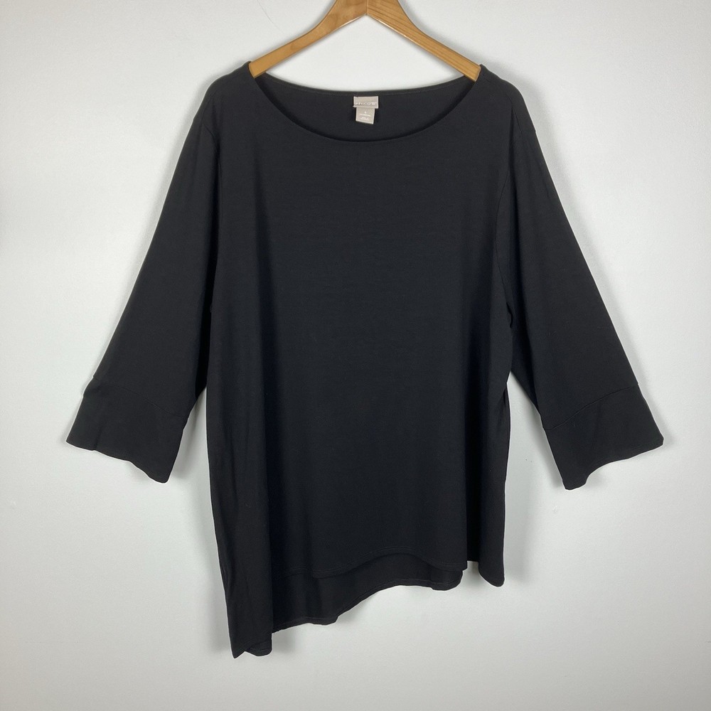 Chico’s Black Tunic Top Womens Size 4 XXL Asymmetrical Hem 3/4 Sleeve Stretch
