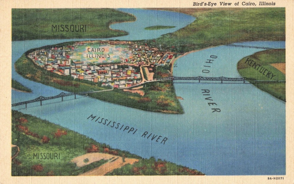 Cairo IL Illinois, Aerial View, Ohio & Mississippi Rivers, Vintage Postcard