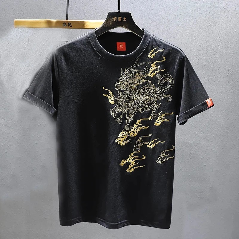 Men's Luxury Golden Dragon Embroidery T-Shirt Casual Fashion Slim Fit Tee Top