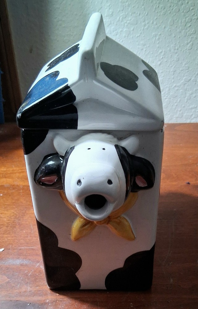 Vintage Ceramic Holstein Cow Milk Carton Cookie Jar With 3D Cow