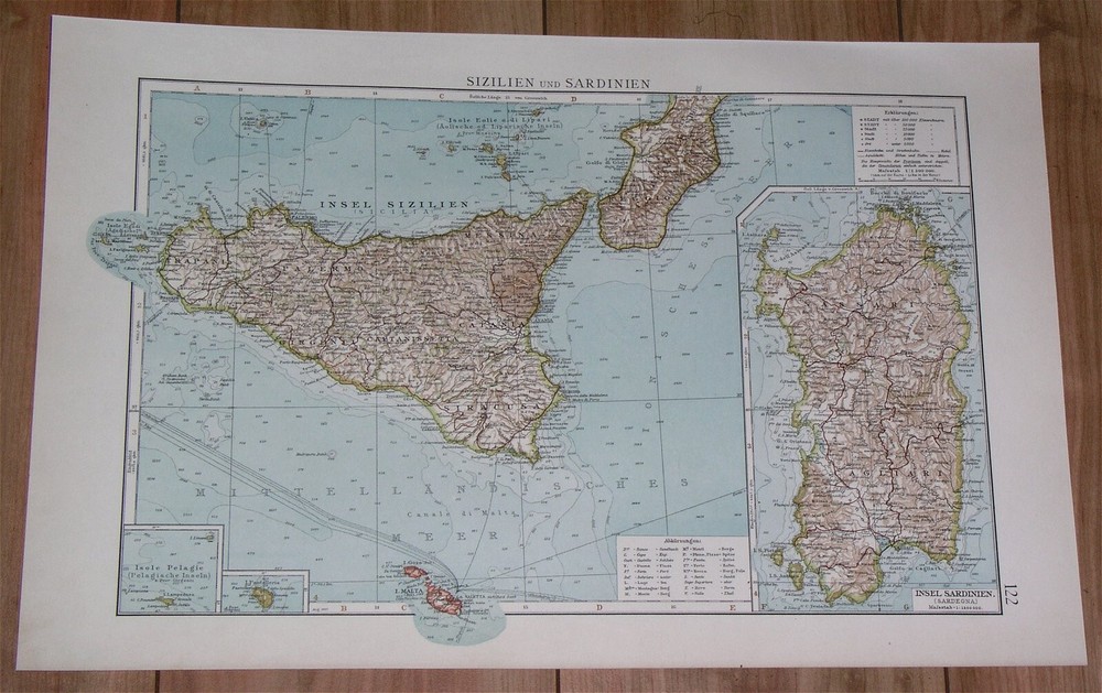 1907 Antique Map Of Sicily Lampedusa Pantelleria Sardinia Sardegna  Italy Malta