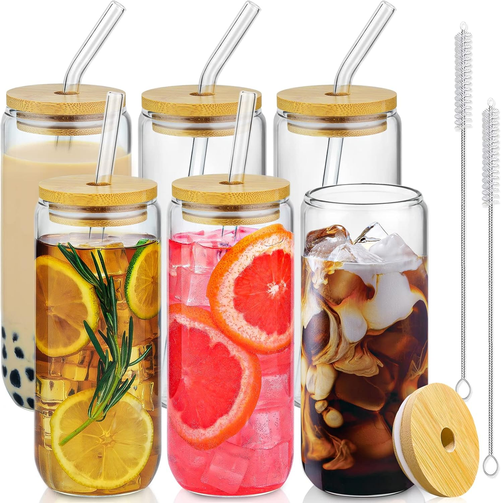 6-Pack 20oz Can-Shaped Glasses with Bamboo Lids & Glass Straws