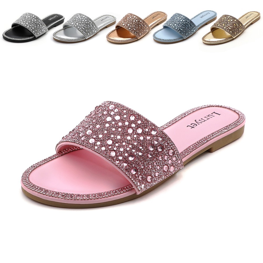 Lurnyet Womens Crystal Embellished Rhinestone Studded Flat Slide Sandals