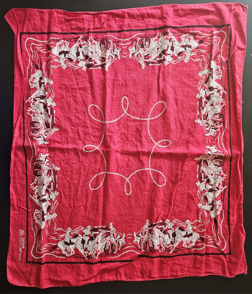 Vintage RED WESTERN BANDANA COWBOYS STAGECOACH HORSES  ALL COTTON FAST COLOR USA
