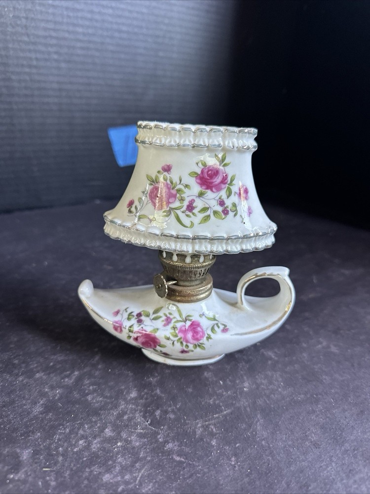 VTG 1970s Porcelain Ceramic Miniature Rose Floral Oil Kerosene Lamp Japan #M21