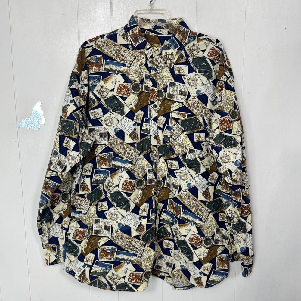 Mens BD Baggies Button Down Shirt XL Travel Print Long Sleeve Novelty Cotton