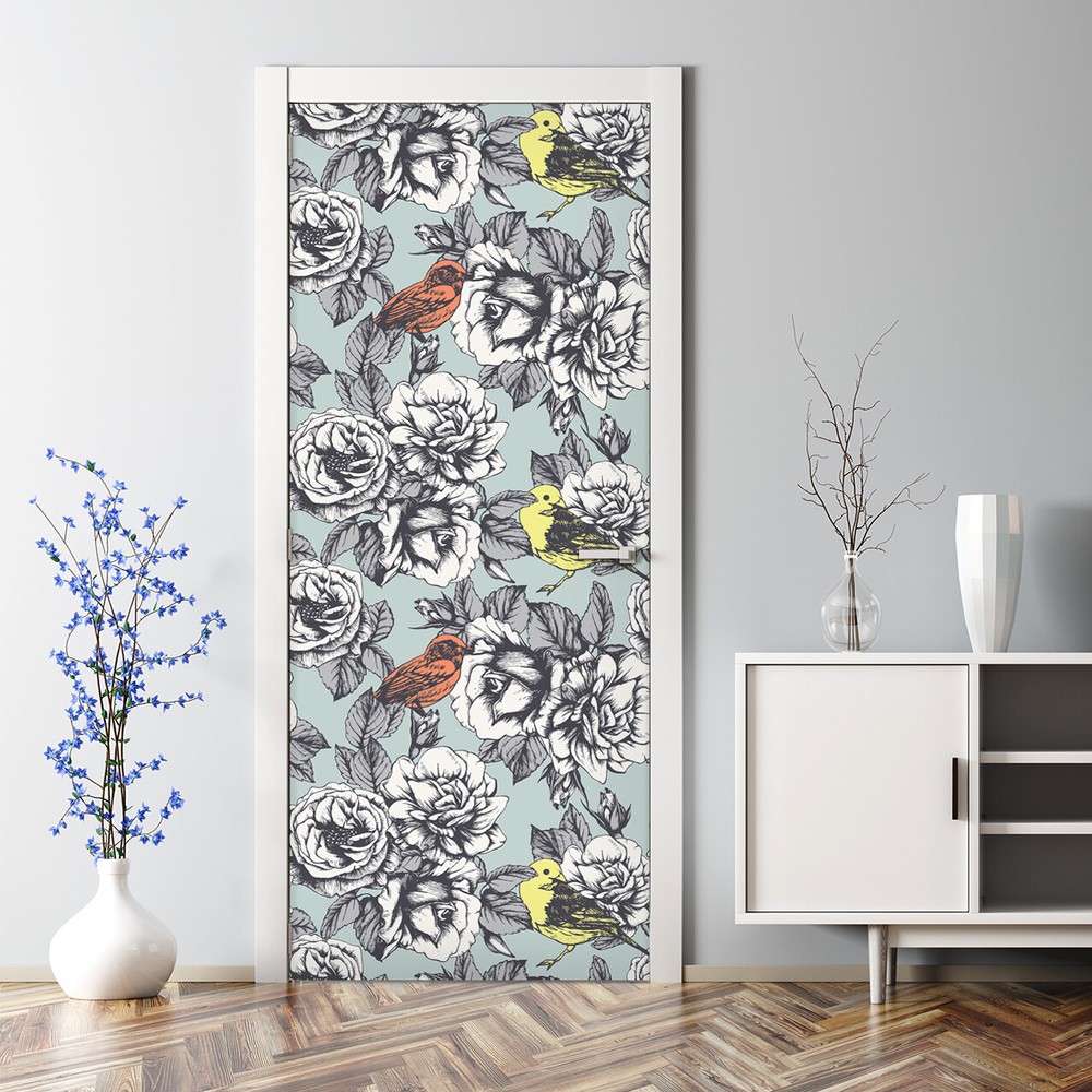 Roses and Birds White Grey Bubble Free Door Decal Photo Decor Sticker