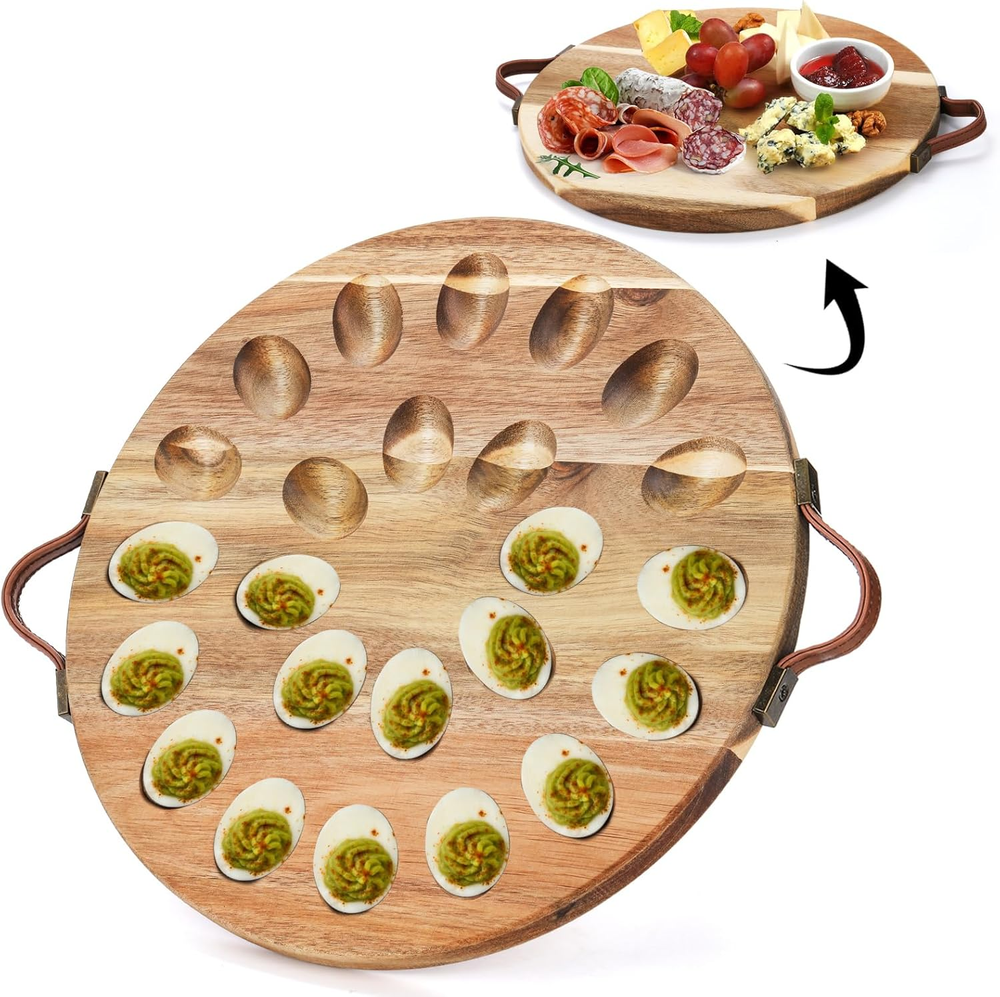 Acacia Wood Deviled Egg Tray with Handles for Easter - 24 Hole Round Serving Platter-image