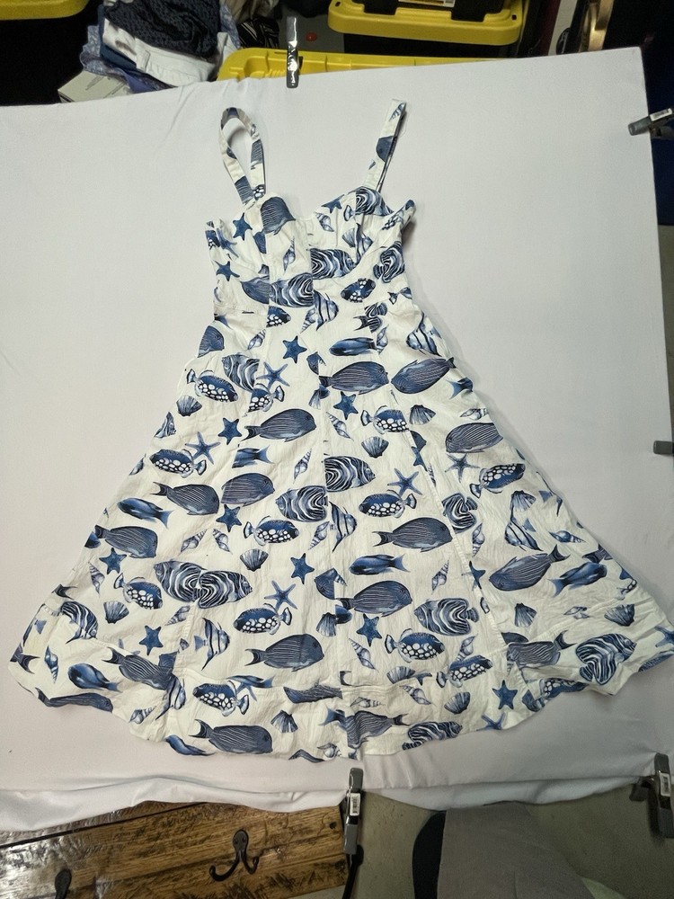 AVEC LES FILLES Sea Life  Fish Shells MIDI DRESS Blue White Size 6 A-Line