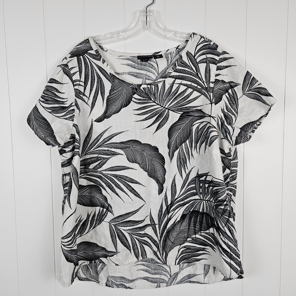 Tahari Linen Tropical Palm Shirt Short Sleeve 1X Coastal Beach White Black